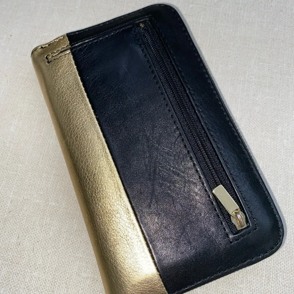 FOSSIL Gold‎ Black Leather Organizer Zip Wallet
